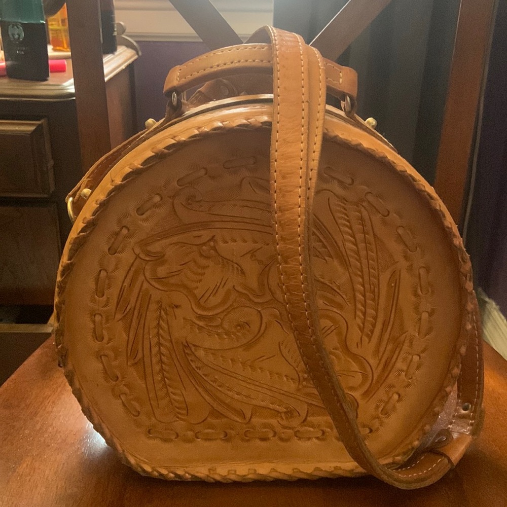 Vintage Tan Tooled Leather Hatbox Handbag